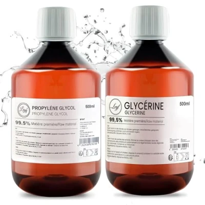 Immagine di Leyf 500 ml glicerolo 99,5% + glicole propilenico 99,5%, qualità farmaceutica, flacone da 0,5 l di glicerina propilenico, alimentare E422, materiale Raw VG