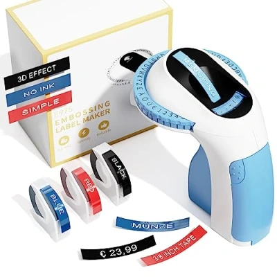Immagine di Memoking Etichettatrice a Rilievo con 3 nastri Per etichette E975 3D Embossed Label Maker Machine, uso casalingo, fai da te e hobby (£/, Ä, Ö Ü)