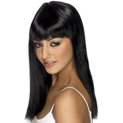 Immagine di Smiffys Parrucca glamour, nera, lunga, liscia con frangetta