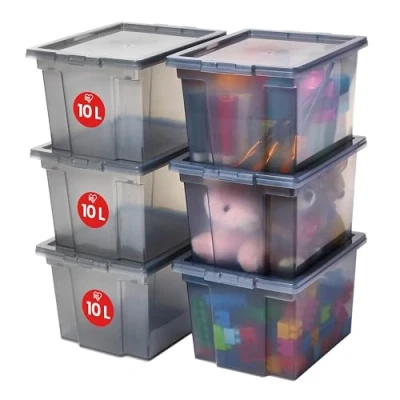 Immagine di Iris Ohyama Scatole Portaoggetti, 10L, Set di 6, Grigio, Chiusura facile, Impilabile, Plastica Trasparente, per Armadio, Scaffali, Organizzazione, Vestiti, Coperte, Forniture garage, USB S