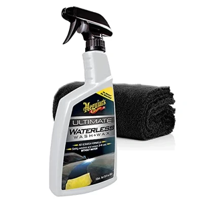 Immagine di detailmate Meguiars, set di lavaggio e cura per auto, Meguiars Ultimate Waterless Wash &amp; Wax, 768 ml, una rapida lucentezza pulizia con panno in microfibra Edgeless, 40 x cm, 550 GSM