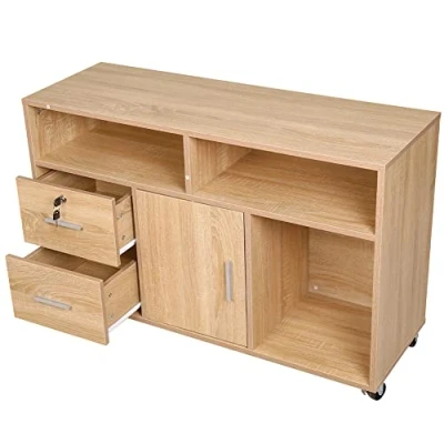 Immagine di BAKAJI Mobile Multiuso Porta Stampante in Legno con 3 Mensole, 2 Cassetti Chiave e 1 Armadietto Scomparti, Mobiletto da Ufficio Archivio Portadocumenti Ruote Mobili, 100x35x65cm (Quercia)