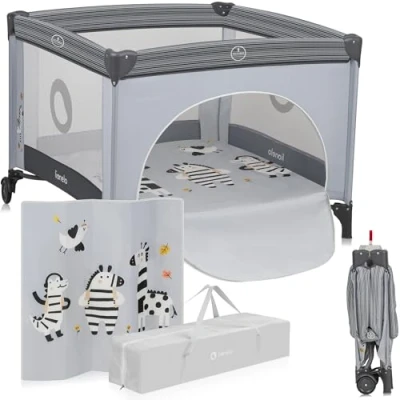 Immagine di Lionelo BONNIE Box bambini pieghevole 100x100cm dalla nascita fino 15kg con materasso Lettino per neonati da viaggio senza spigoli vivi Entrata laterale Pareti realizzate in rete trasparente