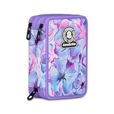 Immagine di Invicta Astuccio Scuola 3 Zip Fantasy, Lilla, Portapenne Triplo Scomparto Completo Di Penne, Matite, Colori, Accessori Zaino, Elementare, Bambina