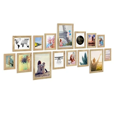 Immagine di PHOTOLINI Set di 15 cornici legno rovere massiccio, larghe, moderne, plexiglass infrangibile, da tavolo o parete, accessori extra per una parete dal look raffinato