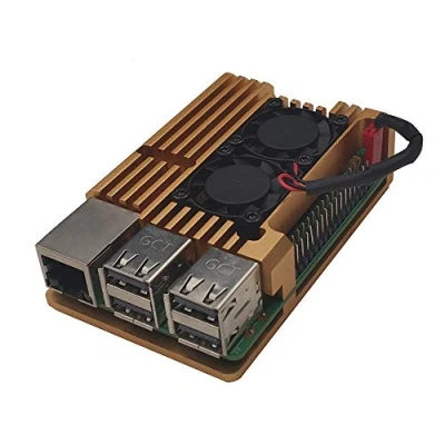 Immagine di ZkeeShop Custodia in Alluminio con dissipatore Doppia Ventola di Raffreddamento Compatibile per Raspberry Pi 3 Model B，Pi B+，Pi 2 B (Non Include Board) (Oro with Dual Fan)