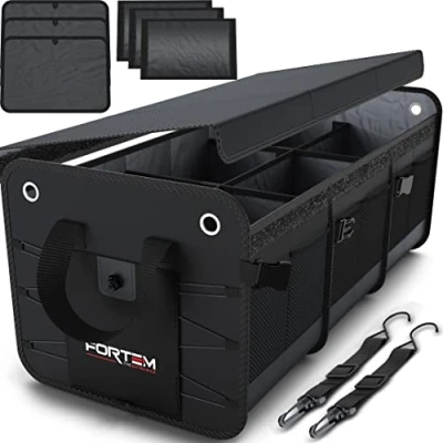 Immagine di FORTEM Organizer Bagagliaio Auto, Auto e SUV Multi Scomparto Pieghevole, Bagagliaio, Fondo Antiscivolo, Cinghie Regolabili, Coperchio Pieghevole (Extra Grande, Nero)