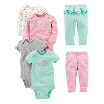 Immagine di Simple Joys by Carter&#039;s 6 Piece Bodysuits (Short Long Sleeve) And Pants Set Infant Toddler Clothing Sets, Bianco Animali della Foresta/Grigio Pois/Rosa Righe/Verde Acqua Elefante, 3 Mesi Bimba