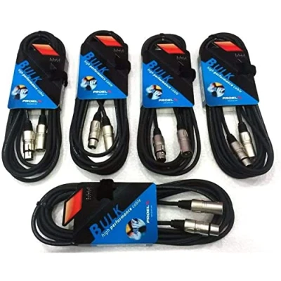 Immagine di Proel BULK250LU15 Set da 5 Cavi audio bilanciati professionali con connessioni Cannon XLR 3P Maschio a 3F Femmina 15mt, Nero (BULK250LU15 15mt Unità)