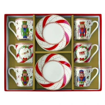 Immagine di Easy Life Nutcracker Twist Set 6 Tazzine Caffe Espresso con Piattino 100ml Porcellana Tavola di Natale