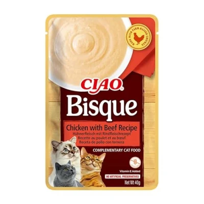 Immagine di INABA CIAO Bisque di Pollo con Manzo, Cibo Umido per Gatti Crema Sana e Deliziosa ad Alto Contenuto Umidità Complementare Senza Conservanti o Coloranti Artificiali 1 x 40gr