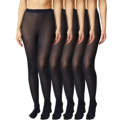 Immagine di FM London (confezione da 5), collant donna, comodi, con design elasticizzato, neri 40 denari, color carne e Blu scuro struttura resistente, Navy, M