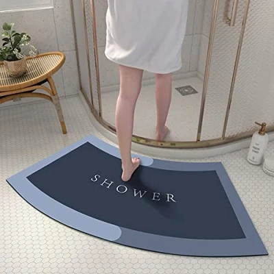 Immagine di MOTT 50 tappetino da doccia curvo per box a quadrante, assorbente diatomea fango, ad asciugatura rapida, antiscivolo, bagno semicircolare docce rotonde, blu scuro