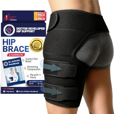 Immagine di Dr. Arthritis Tutore per l’Anca Destra Ideato da Medici Supporto della Coscia Nervo Sciatico Fascia Inguine a Compressione (Taglia S/M, Nero)