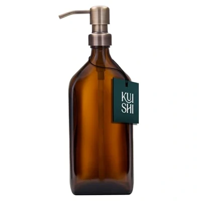 Immagine di Kuishi Dispenser di sapone in Vetro da 500 ml con testa a pressione oro Ugello acciaio inossidabile sostituibile ambrato riciclato Ecologico Versatile Elegante Arredamento