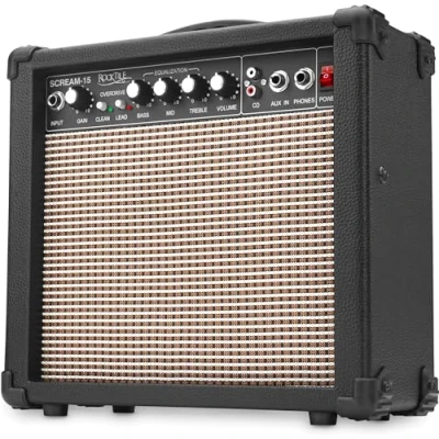 Immagine di Rocktile Scream 15 amplificatore per chitarra Mini combo da watt, 2 canali Portatile, ingresso AUX MP3/CD, equalizzatore a 3 bande, connessione cuffie