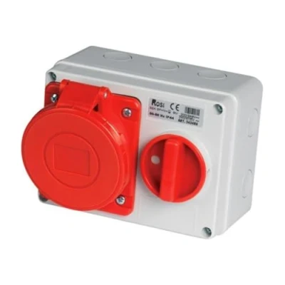 Immagine di Presa interbloccata orizzontale con sezionatore interruttore, fondo, 380V, 5 poli 3P+N+T, 16A, IP54 Rosi 14.3414R6