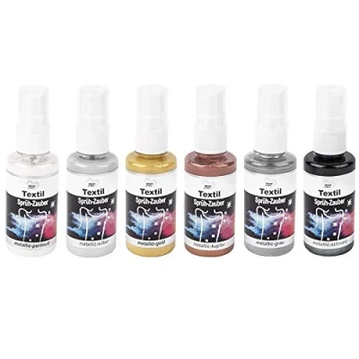 Immagine di ideen mit herz Vernice metallizzata per tessuti e stoffe con erogatore Spray 6 colori pigmentati i chiari scuri x 50ml (madreperla, argento, oro, rame, grigio, nero)