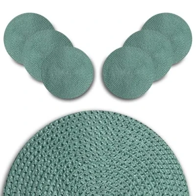 Immagine di ARCA, Set di 6 Tovagliette Tonde Effetto Corda, per Persone, Ideali la Tavola, Realizzate in Poliestere, Resistenti e Durature, Colore Tiffany, Diametro 38 cm
