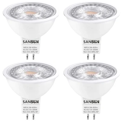 Immagine di SANSUN MR16 LED 5 W, sostituzione alogena 12 V 50 attacco GU5.3 a due pin, bianco caldo 3000 K, non dimmerabile, confezione da 4