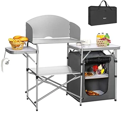 Immagine di BAKAJI Cucina Armadio Mobiletto Tavolo Da Campeggio Picnic Compatta Portatile Pieghevole, Telaio Alluminio Cucinotto Paraspruzzi Borsa Trasporto Vano Portaoggetti In Tessuto (Compatto + Estensione)