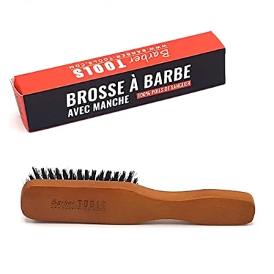 Immagine di Spazzola per barba e baffi con manico. 100% setole di cinghiale. Ideale l&#039;uso olio, balsamo tutti i prodotti la cura della (18,50X3,60X2,80cm). ✮ BARBER TOOLS
