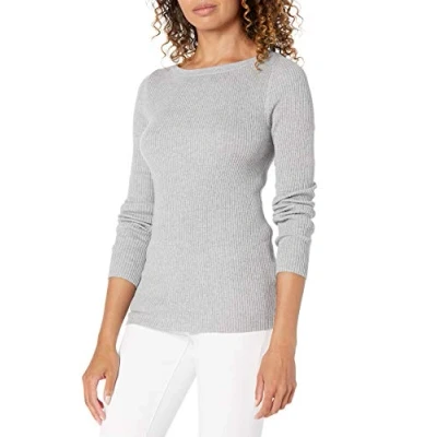 Immagine di Amazon Essentials Maglione Aderente con Scollo a Barchetta Maniche Lunghe Leggero Coste Donna, Grigio Chiaro Puntinato, M