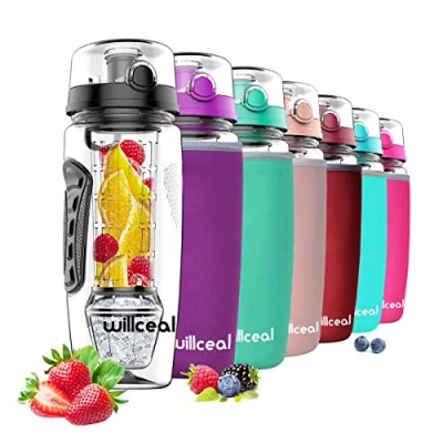 Immagine di willceal Flacone di Frutta infusore 32 Once Resistente con Palla Gel Ghiaccio Staccabile, Grande Tritan Senza BPA, Coperchio a Vibrazione, Design Prova perdite Sport, Campeggio (Nero)