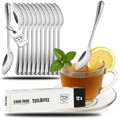 Immagine di COM FOUR® 12x cucchiaini in acciaio inossidabile eleganti posate da tavola dal design semplice cucchiaino caffè cucchiaio dessert servizio tè 14 cm (12 pezzi 14cm)