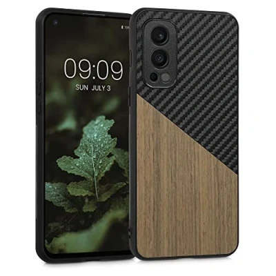 Immagine di kwmobile Cover Compatibile con OnePlus Nord 2 5G Custodia in Fibra di Carbonio e Legno Bumper Anti Urto Back Protection marrone scuro/nero