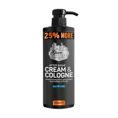 Immagine di The Shave Factory Crema dopobarba e colonia 2 in 1, 500 ml, 25% più, per barbieri professionisti/parrucchieri appassionati di rasatura tradizionali (zaffiro)