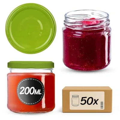 Immagine di KADAX Piccoli vasetti per conserve da 200 ml, fi66 mm, mini miele e spezie, ermetici, conserve, bicchieri, bicchieri rotondi (verde chiaro, 50