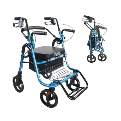 Immagine di KMINA Deambulatore Sedia a Rotelle Pieghevole, per Anziani Pavimenti Lisci, 4 Ruote, con Seduta, Rollator Blu Altezza Regolabile