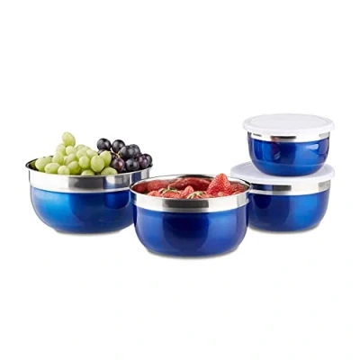 Immagine di Relaxdays Set di 4 Ciotole con Coperchio, Varie Misure, Scodelle Contenitore in Acciaio Inox per Cucina e Campeggio, Blu