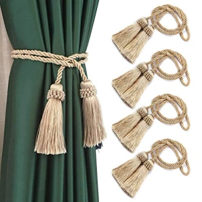 Immagine di Fenghuangwu Confezione da 4 fermatenda decorativi fatti a mano, corda con nappe su entrambe le estremità (beige)