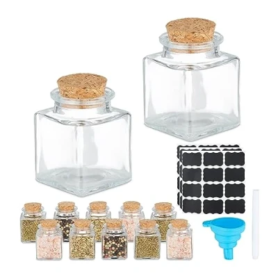 Immagine di Relaxdays Barattoli Spezie, Set di 12 Vasetti in Vetro 50 ml, Contenitori con Tappo Sughero, Etichette e Imbuto, Trasparente Naturale