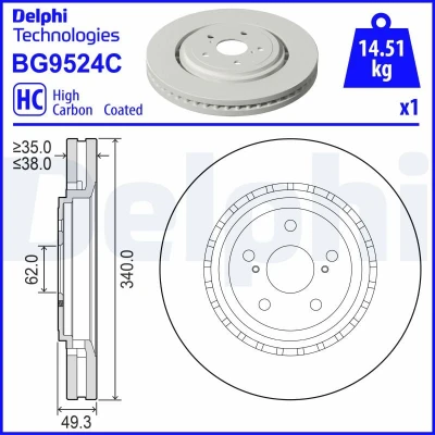Immagine di DELPHI Disco freno 340mm 38mm 5 ventilato rivestito ad alto tenore di carbonio BG9524C T435124815,435120E070,4351248150 Dischi freno, dei freni
