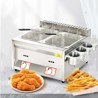 Immagine di friggitrice doppia da 8 litri + litri, a gas di grande capacità, commerciale vasca cucina in acciaio inossidabile, friggitrice, con doppio cestello e cop