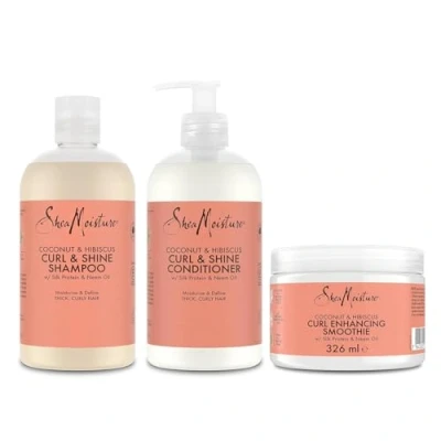 Immagine di SheaMoisture Curl &amp; Shine Shampoo 384 ml + balsamo crema Leave in styling 326 per capelli spessi e ricci, cocco ibisco senza siliconi solfati, 3 pezzi