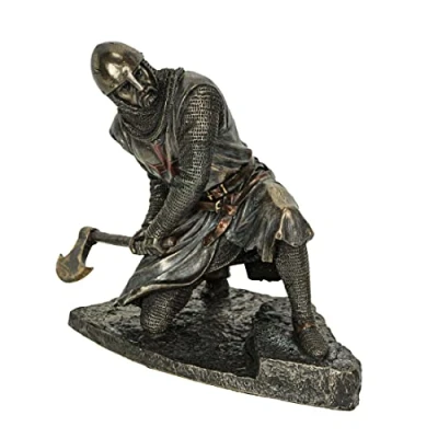 Immagine di Veronese Design Ascia da battaglia templare in ginocchio 17,8 cm resina colata a freddo con finitura bronzo antico scultura