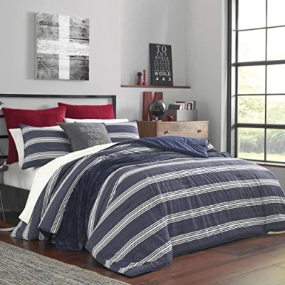 Immagine di Nautica Home Collezione Craver Copripiumino a righe 100% cotone accogliente e morbido, resistente traspirante con federe abbinate, set di biancheria da letto 3 pezzi, king size, blu navy