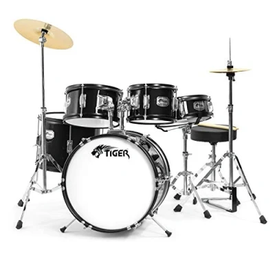 Immagine di TIGER JDS14 BK Batteria per ragazzi 5 pezzi, con rullante, tom, basso, pedale, piatti, Hi Hat, bacchette e sgabello colore nero