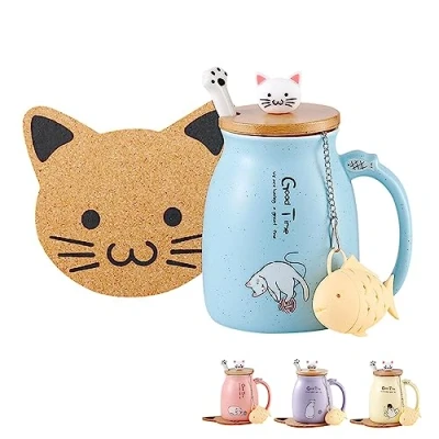 Immagine di BigNoseDeer, Simpatica tazza in ceramica, motivo gatto, con coperchio adorabile cucchiaio zampa di sottobicchiere stile Kawaii, regalo per Natale, caffè, tè, latte, 380 ml
