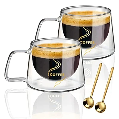 Immagine di KAMEUN Set di 2 Tazza in Vetro a Doppia Parete, 200 ml Caffè con Manico Calici da Acqua per tè, Caffè, Latte, Cappuccino, Espresso, Succo,