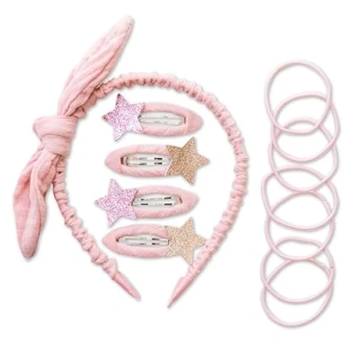 Immagine di Papierdrachen Speciale set di accessori per capelli con cerchietto, fermagli capelli, elastici combinati tessuto mussola alta qualità, rosa chiaro, ragazze e donne