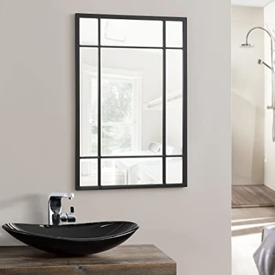 Immagine di [en.casa] Specchio da Parete 90 x 60 cm Diviso Forma Rettangolare Fissaggio Verticale Orizzontale Cornice in MDF Nero Opaco