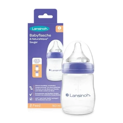 Immagine di Lansinoh Biberon con tettarella NaturalWave, misura S, 160 ml, design compatto per una maggiore stabilità, coperchio impilabile