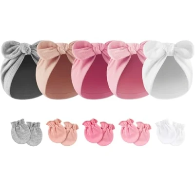 Immagine di DRESHOW Cappelli da Bambino Neonato Cappello Turbante per Bambini Bowknot Set di Guanti Ospedale a Fiocco Neonati in Cotone Senza Graffi 0 12 Mesi