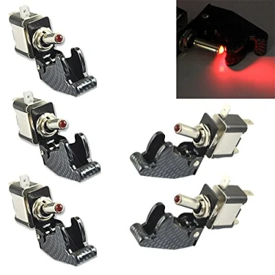 Immagine di Mintice 5 Pezzi 12V 20A Luce LED Rosso Interruttore a Levetta in Metallo Spst ON/OFF Bilanciere Barca Auto Fibra Carbonio Copertura