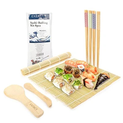 Immagine di Exzact EX SR08 Kit Avvolgibile per Sushi in Bambù Set 8 pz. 2 x Mats, 1 Paletta Riso, Spargiriso, 4 Coppie di Bacchette Tutto Naturale, Stile Orientale